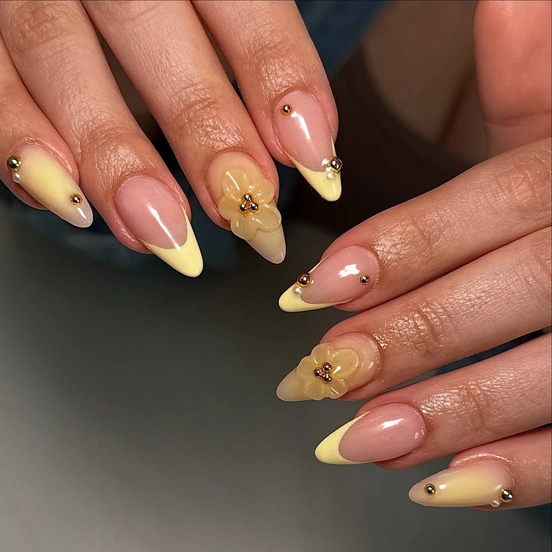 Handmade 3D Floral Yellow French Tip Gold Pearl Press on Nails P36