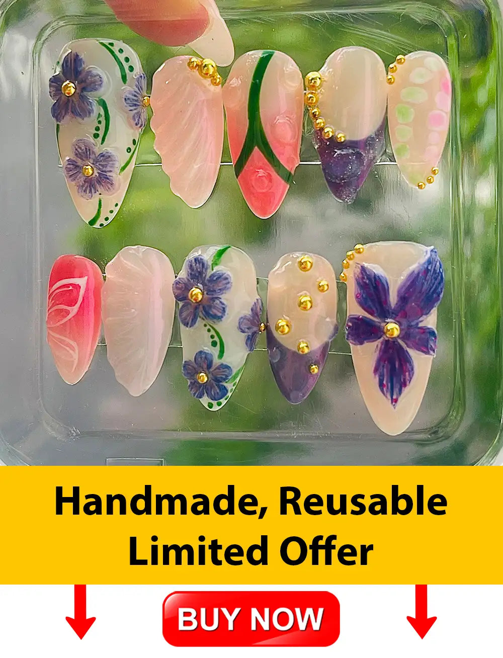 Handmade 3D Florals Butterfly Press-on Nails - Spring Reusable Fingernails