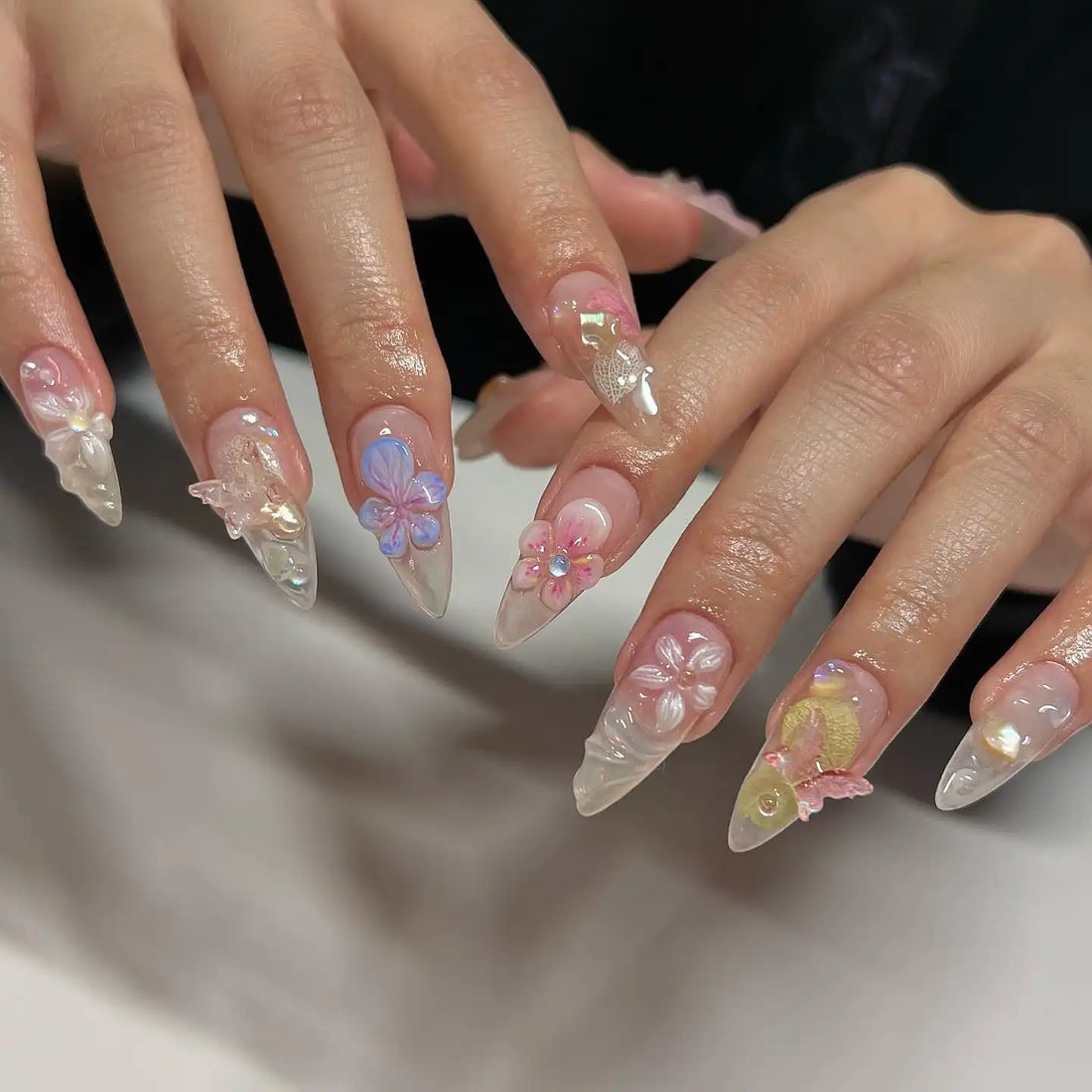 Handmade 3D Florals Butterfly Spring Press on Nails K32
