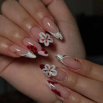 Handmade 3D Flower Red White Black Dot French Tip Press on Nails M69