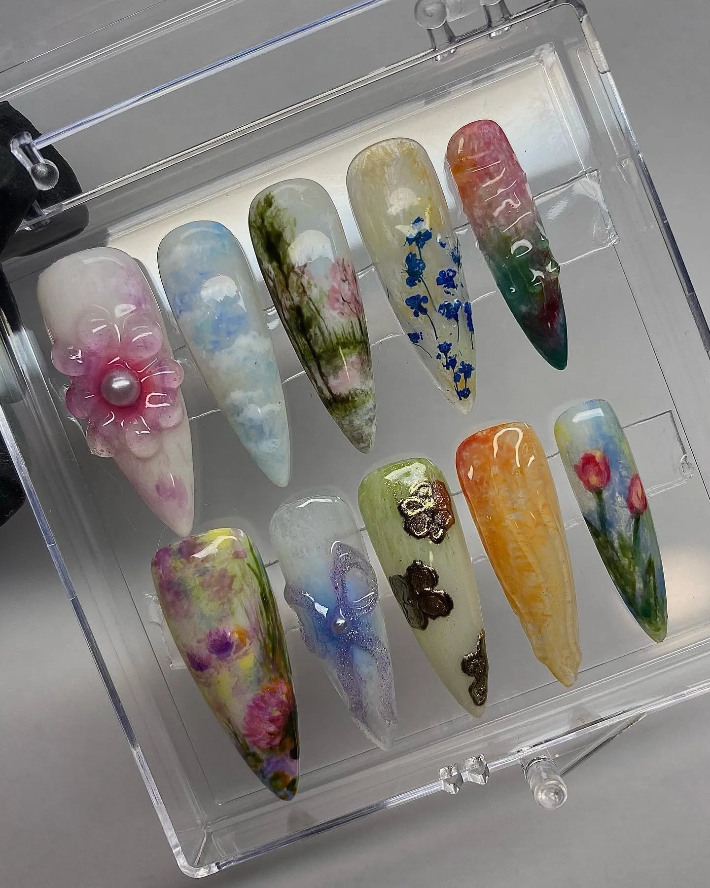 Handmade 3D Flower Blue Sky Watercolor Landscape Art Wedding Press on Nails H98