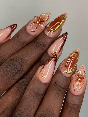 Handmade 3D Flower Tortoise Shell Gold Accent Luxury Press on Nails H56