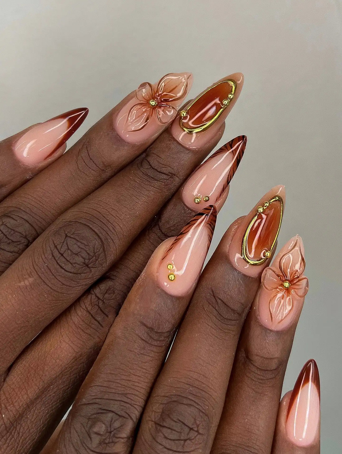 Handmade 3D Flower Tortoise Shell Gold Accent Luxury Press on Nails H56