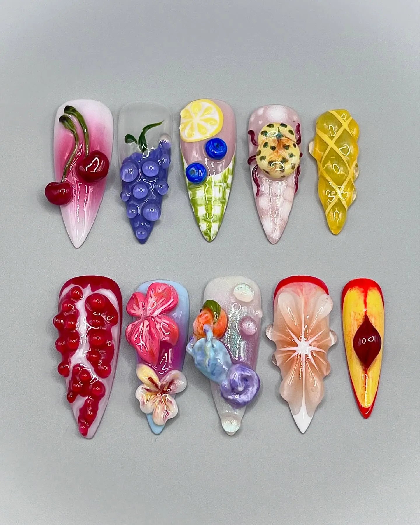 Handmade 3D Fruit Cherry Lemon Summer Fun Foodie Press on Nails Y08