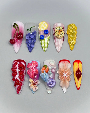 Handmade 3D Fruit Cherry Lemon Summer Fun Foodie Press on Nails Y08