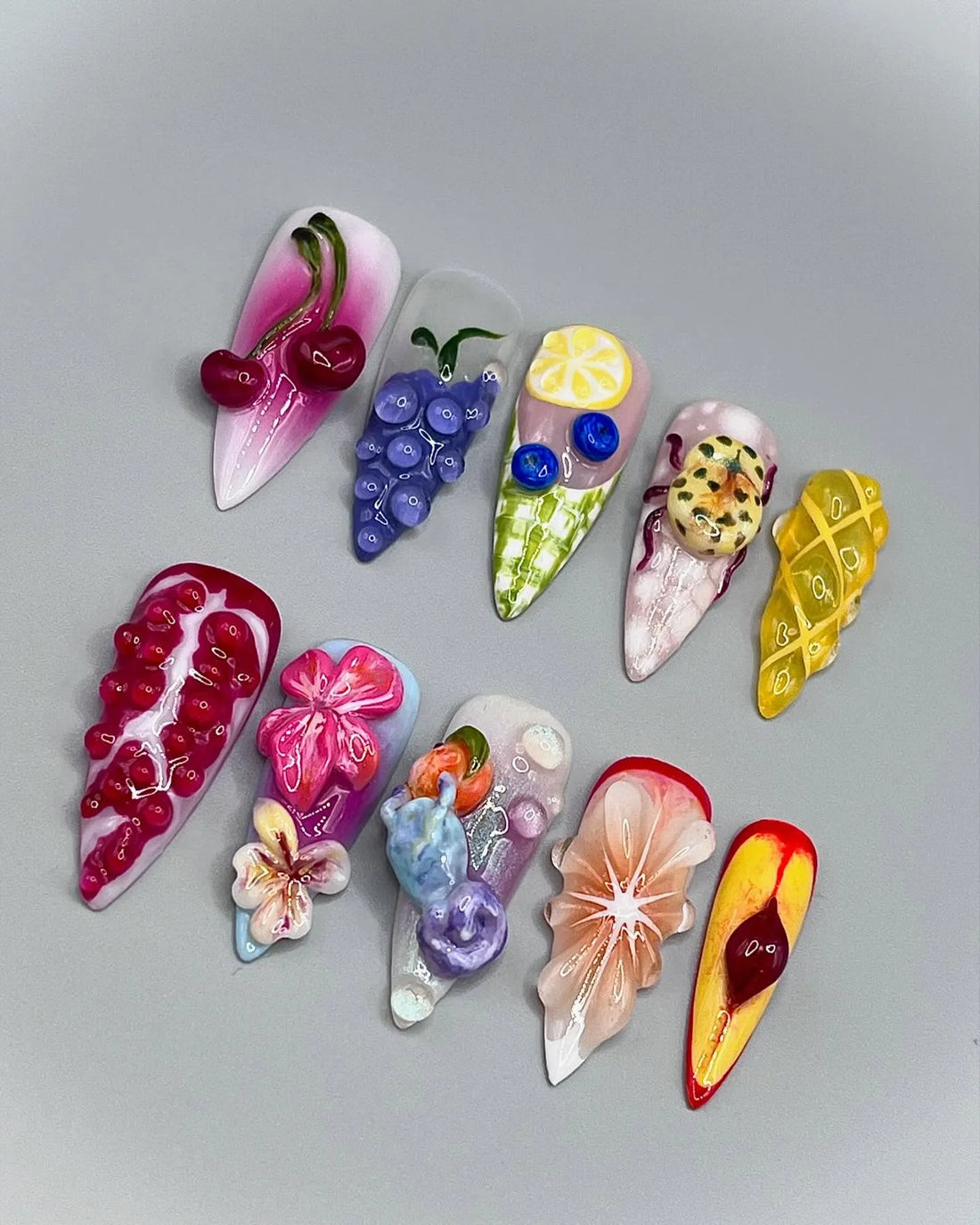 Handmade 3D Fruit Cherry Lemon Summer Fun Foodie Press on Nails Y08