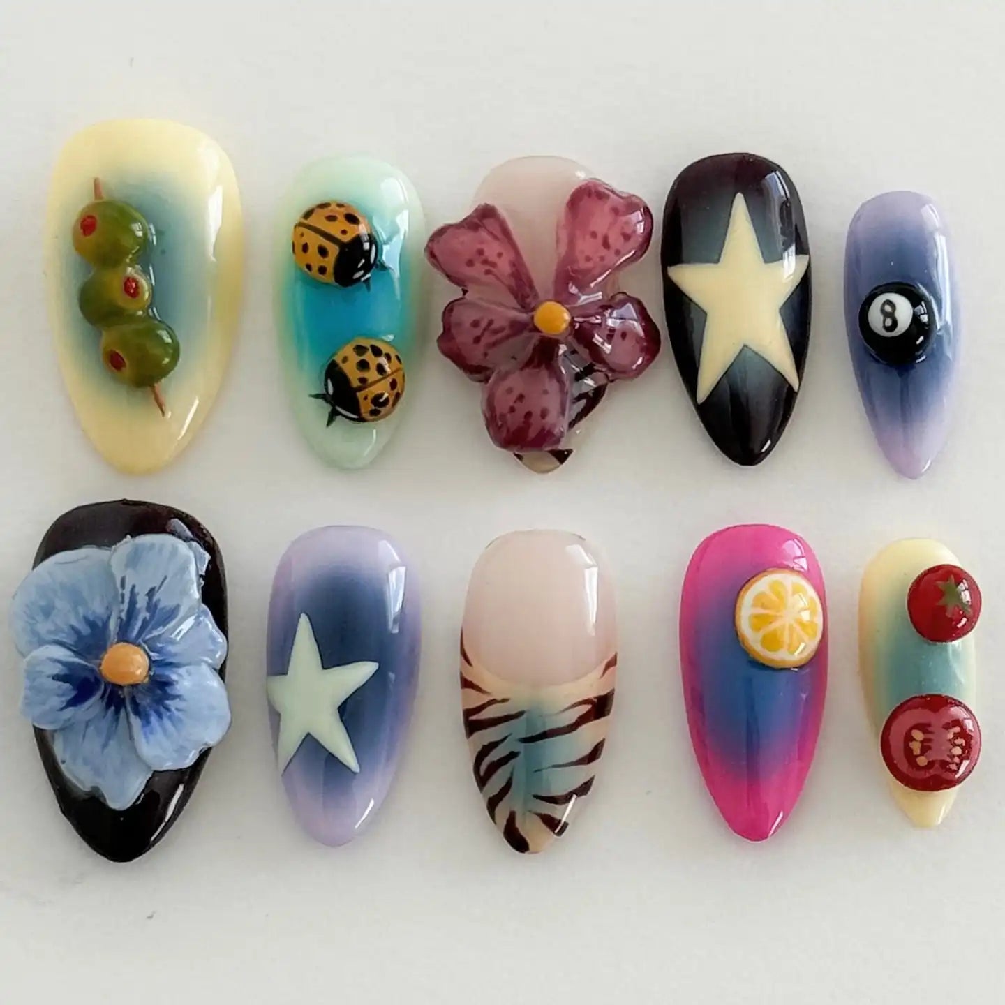 Handmade 3D Fruit Flower Star Funky Retro Cute Press on Nails G44