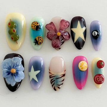 Handmade 3D Fruit Flower Star Funky Retro Cute Press on Nails G44