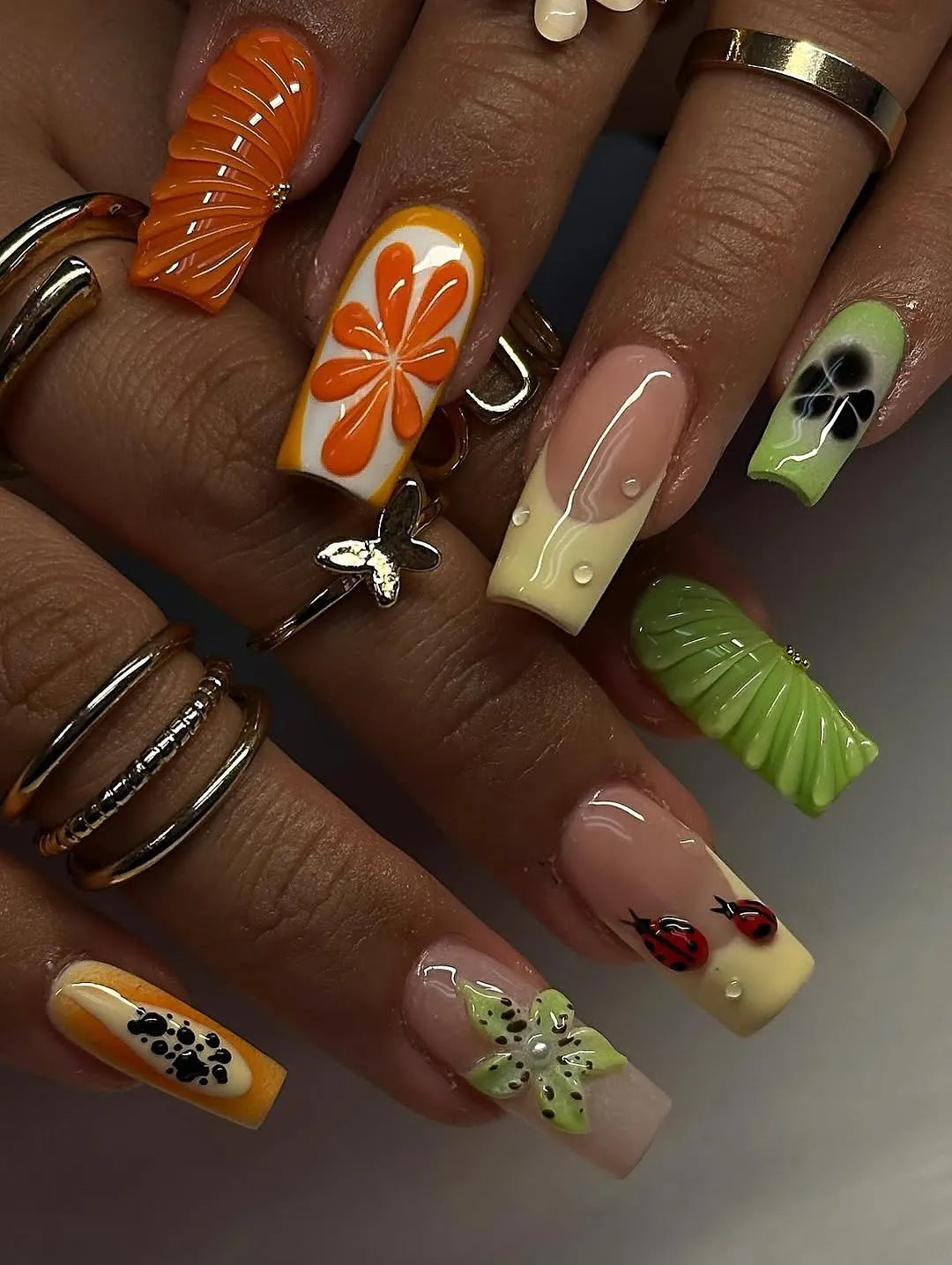 Handmade 3D Fruit Slice Orange Kiwi Summer Ladybug Press on Nails M24