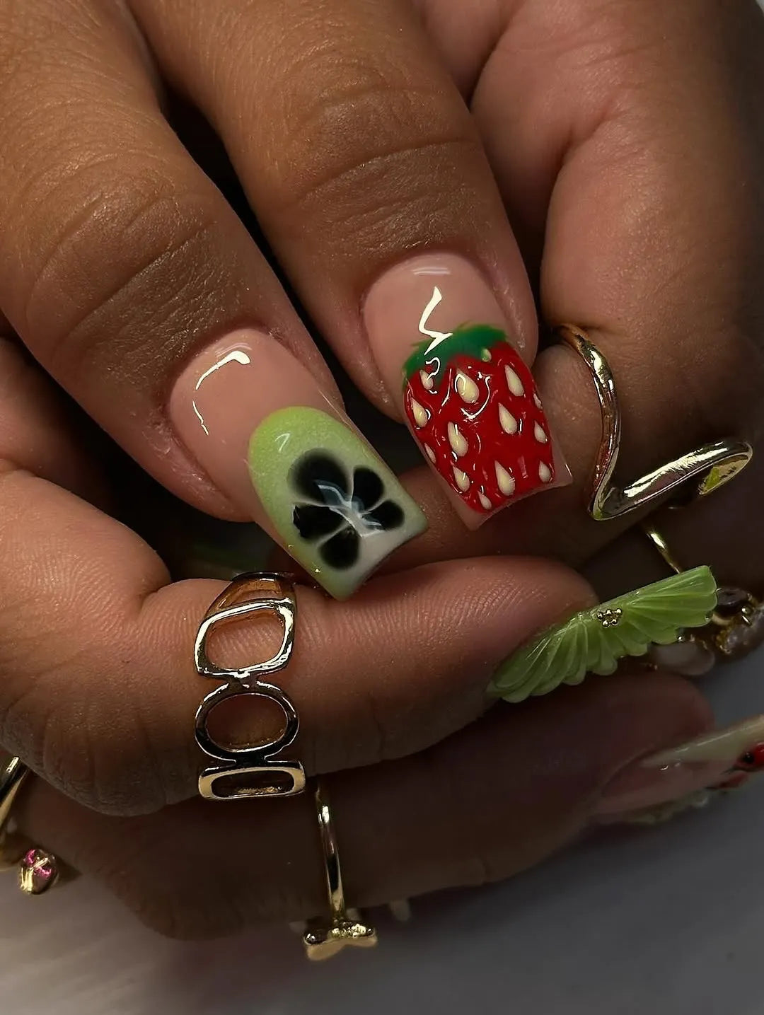 Handmade 3D Fruit Slice Orange Kiwi Summer Ladybug Press on Nails M24