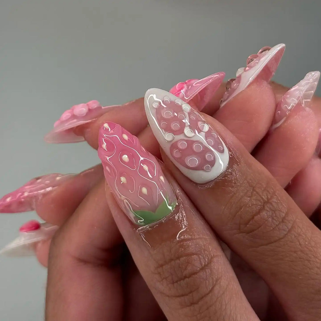 Handmade 3D Fruits Strawberry Cherry in Pink Press on Nails A32