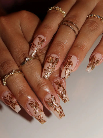 Handmade 3D Gold Chrome Butterfly Floral Nude Luxury Elegance Press on Nails B08