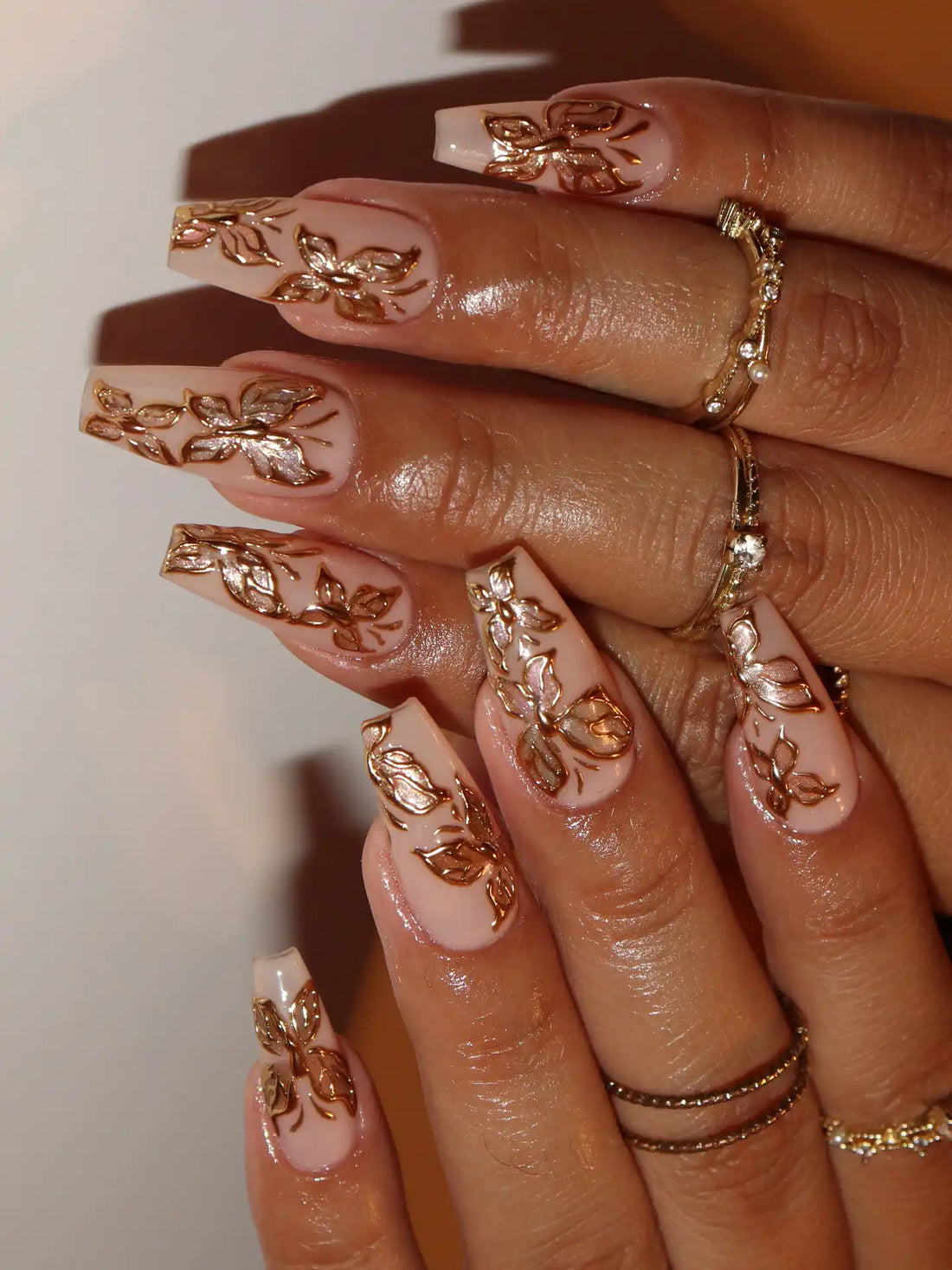Handmade 3D Gold Chrome Butterfly Floral Nude Luxury Elegance Press on Nails B08