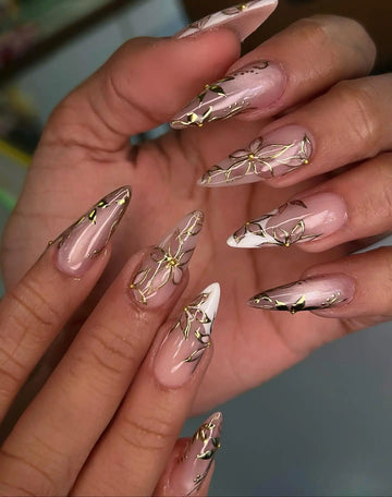 Handmade 3D Gold Floral Vine Clear Bloom Artistic Reusable Press on Nails O01