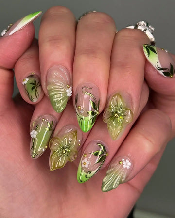Handmade 3D Green Floral Design Clear Reusable Press on Nails R68