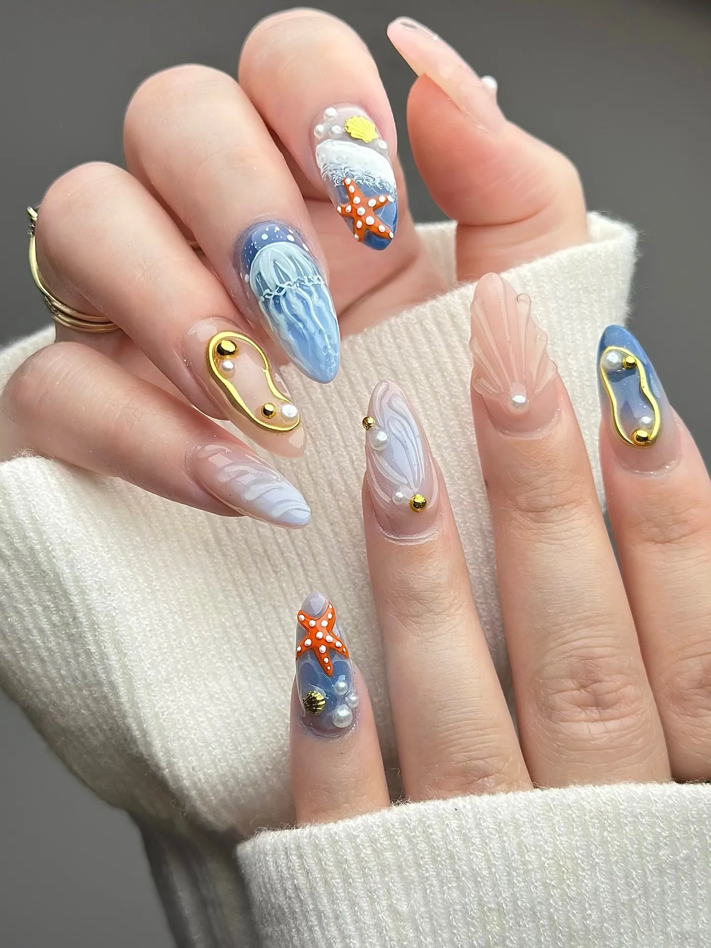Handmade 3D Jellyfish Starfish Shell Ocean Pearl Nautical Press on Nails U51