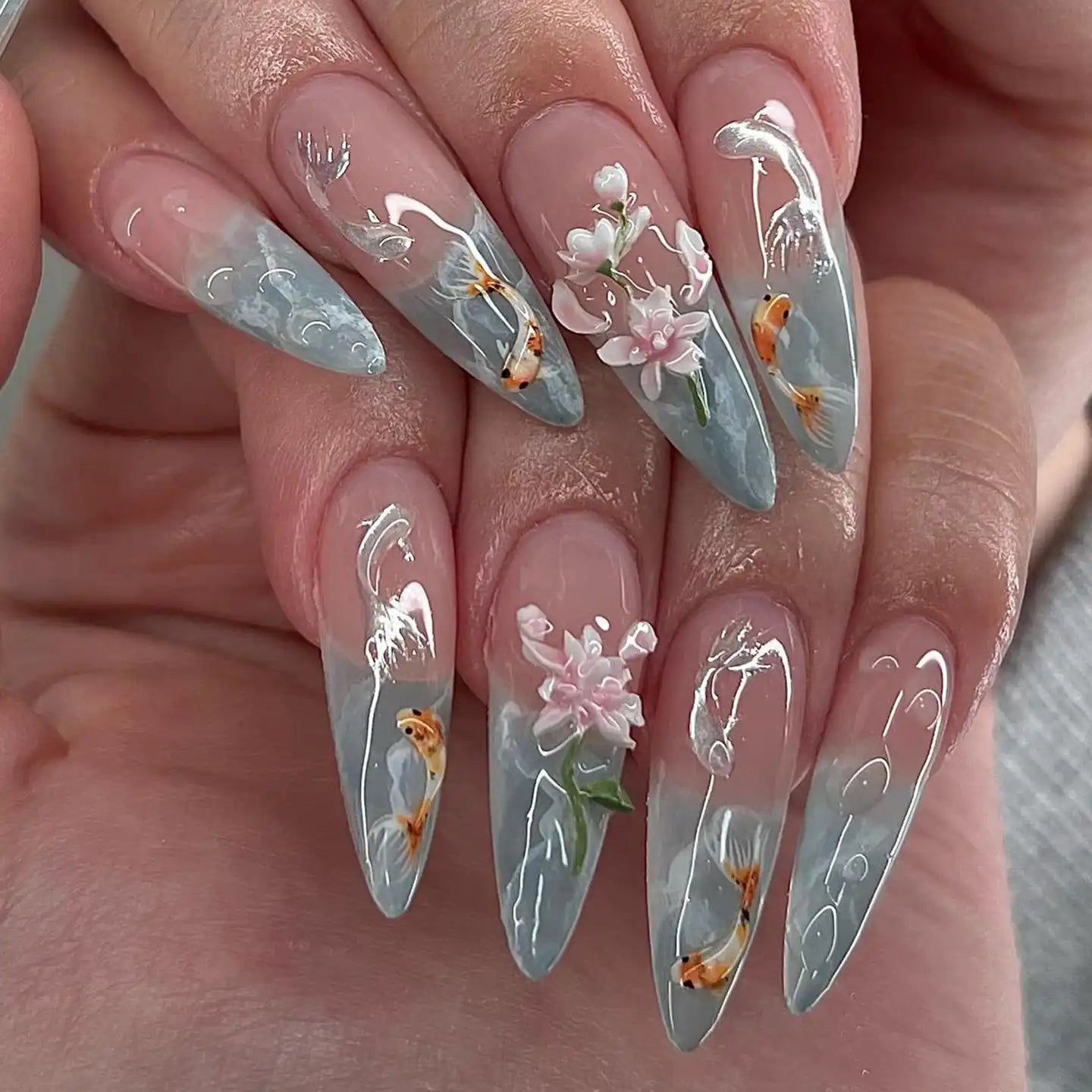 Handmade 3D Koi Fish Japan Blossom Press on Nails Q84