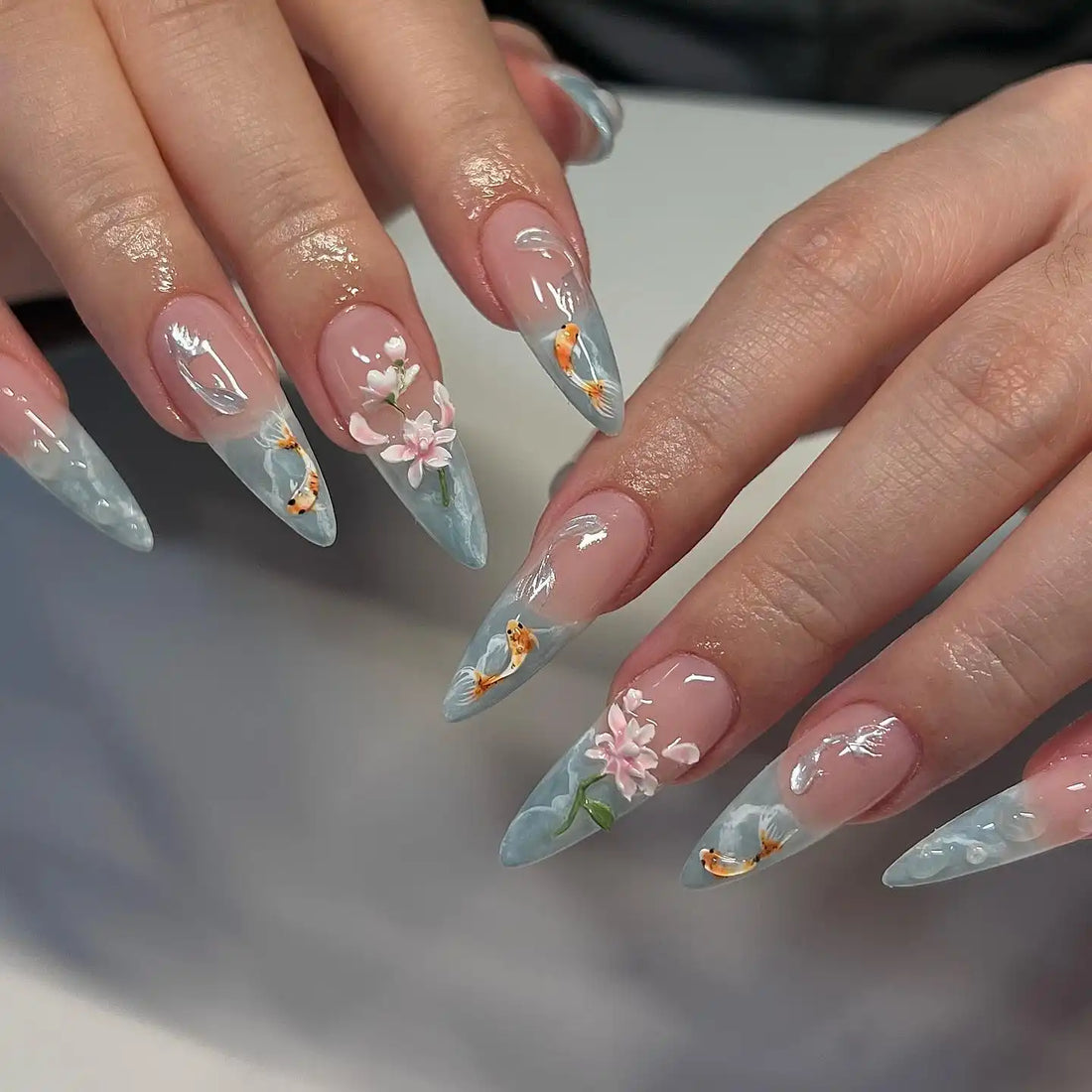 Handmade 3D Koi Fish Japan Blossom Press on Nails Q84