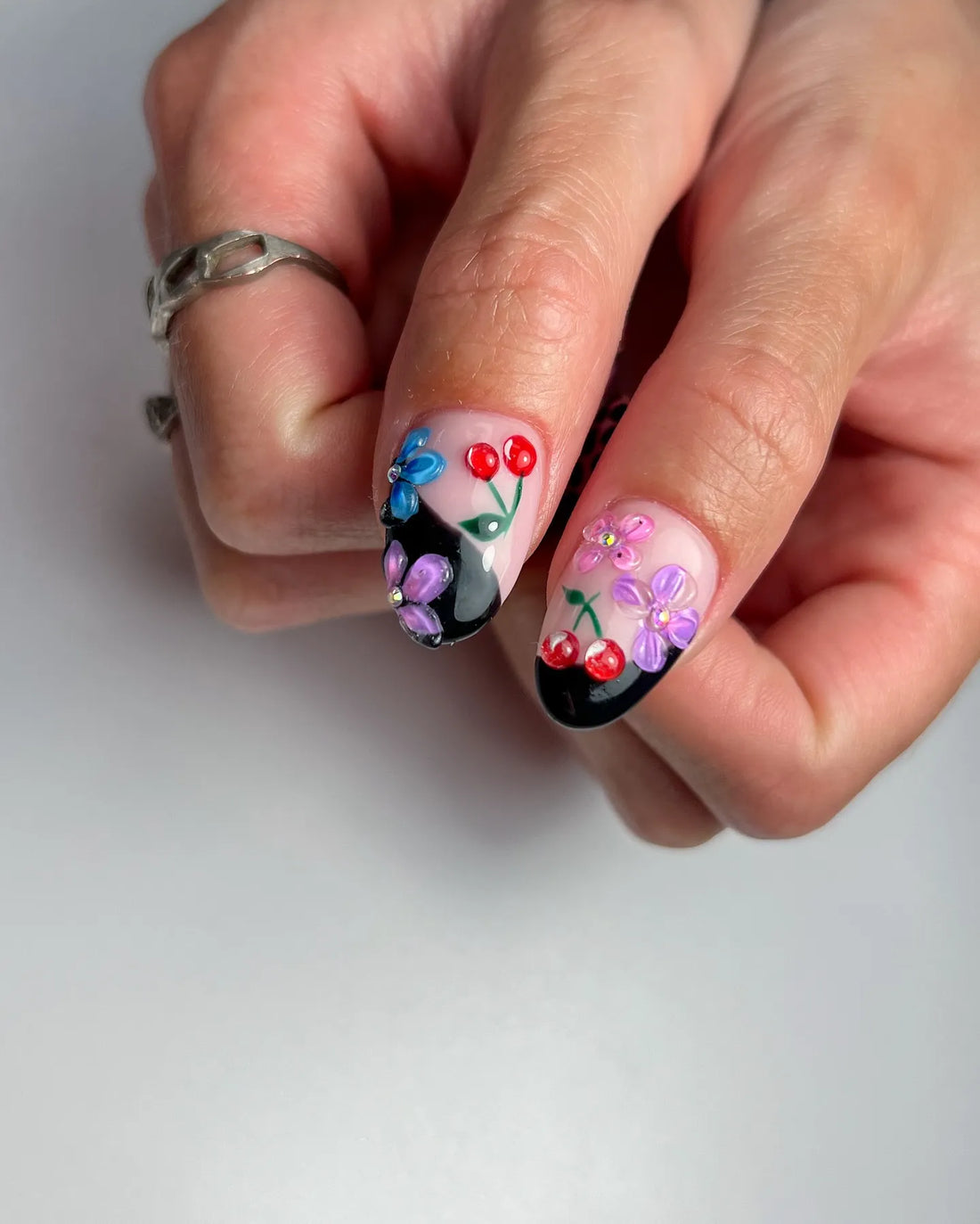 Handmade 3D Ladybug Floral Cherry Artistic Press on Nails G60