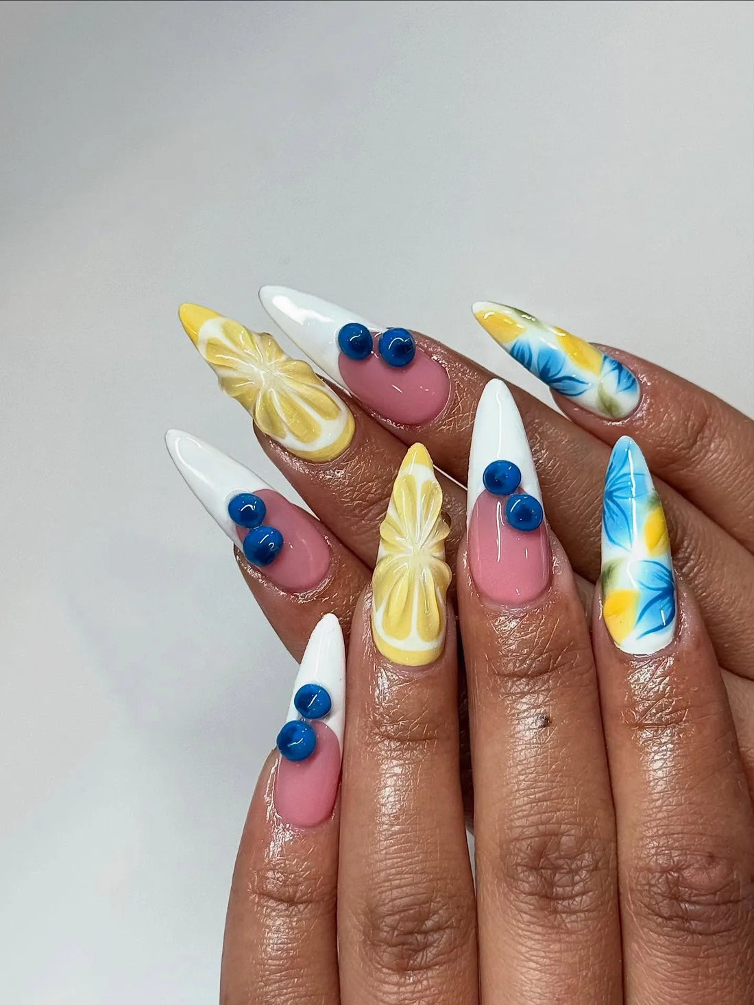 Handmade 3D Lemon Blueberry Fruit Summer Floral White Tip Press on Nails C00