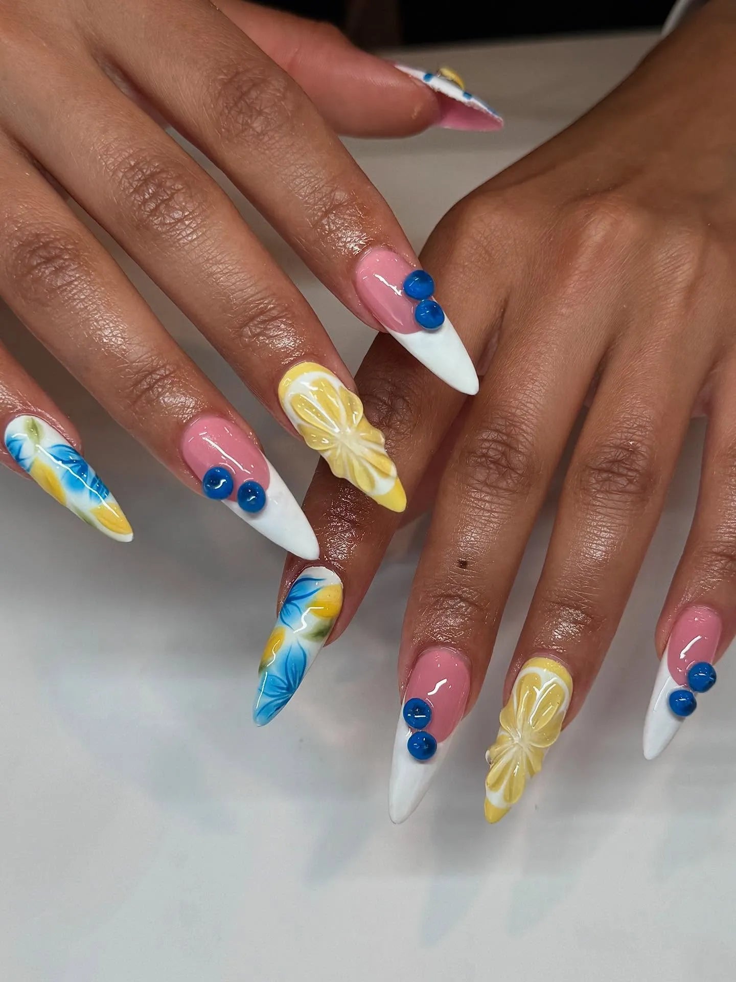 Handmade 3D Lemon Blueberry Fruit Summer Floral White Tip Press on Nails C00