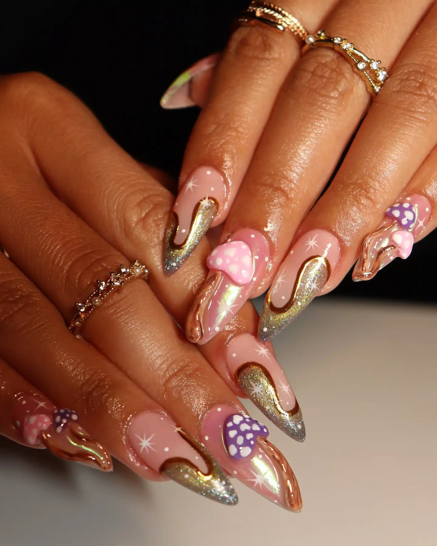 Handmade 3D Mushroom Pink Chrome Star Dust Press on Nails X91