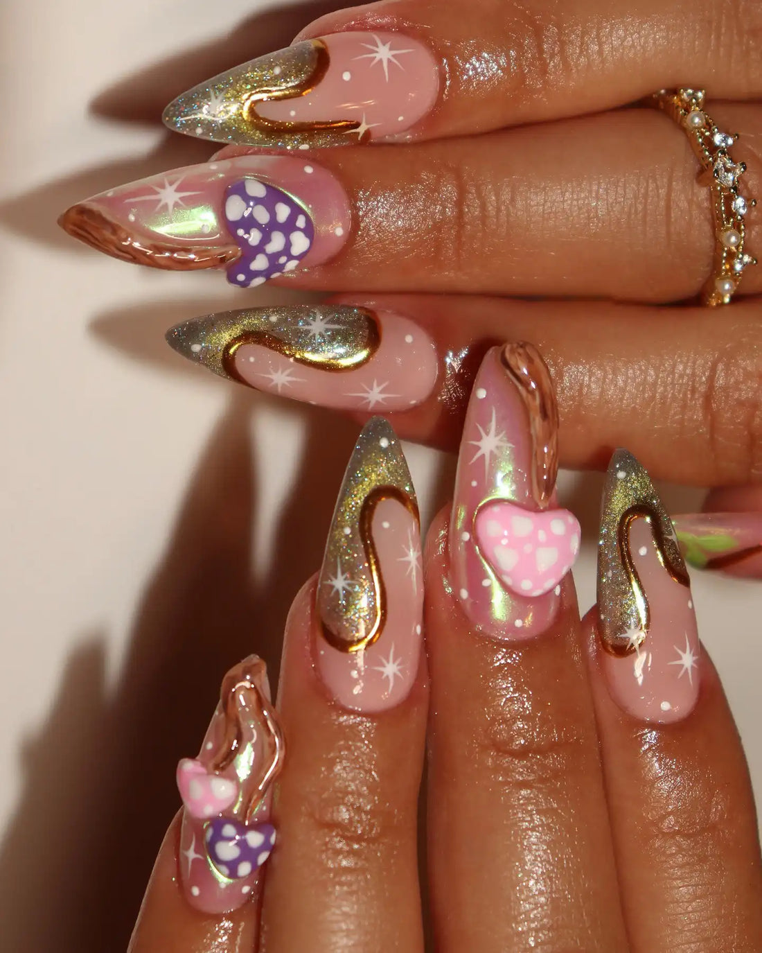 Handmade 3D Mushroom Pink Chrome Star Dust Press on Nails X91