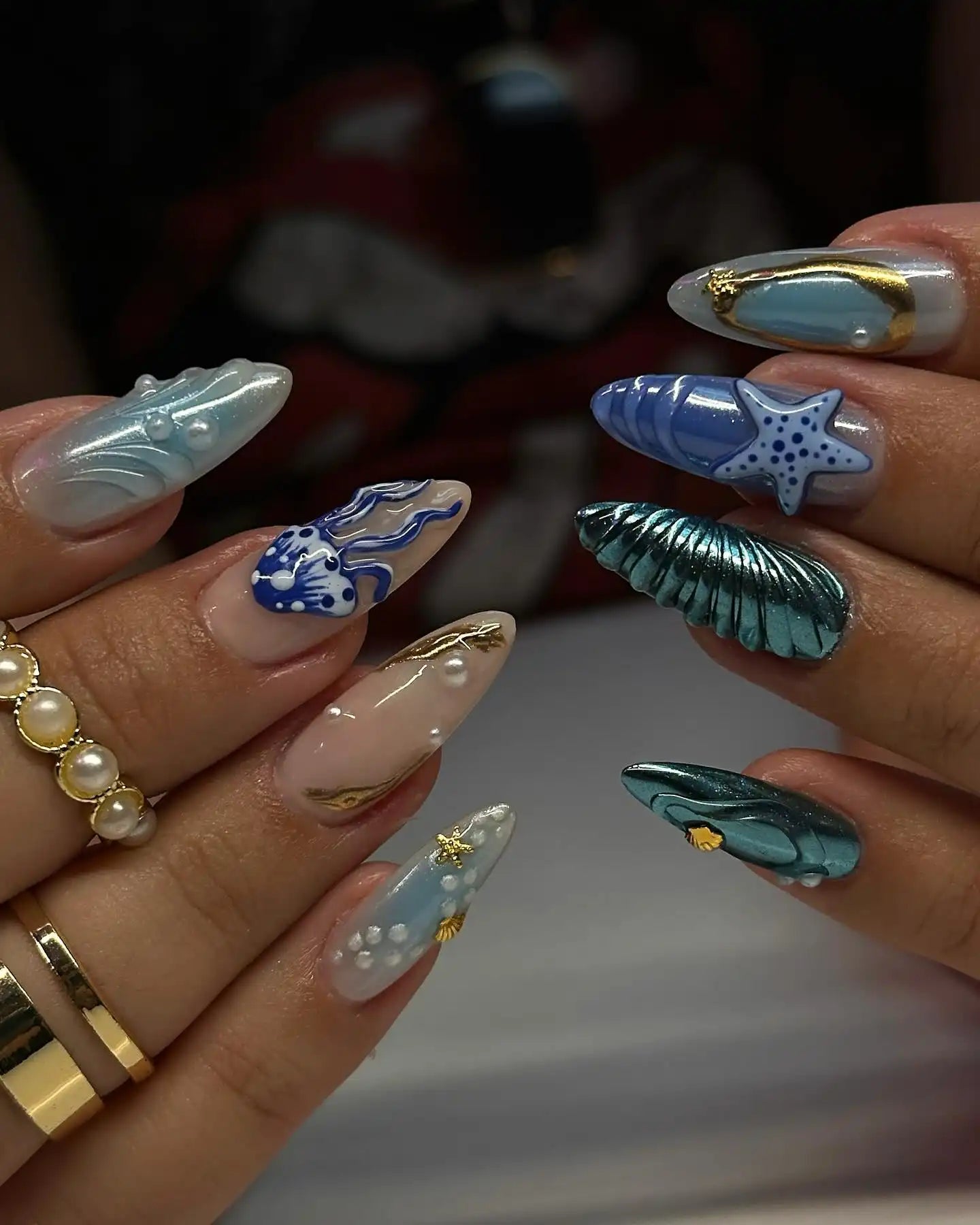 Handmade 3D Ocean Seashell and Starfish Design for Summer Press on Nails E86