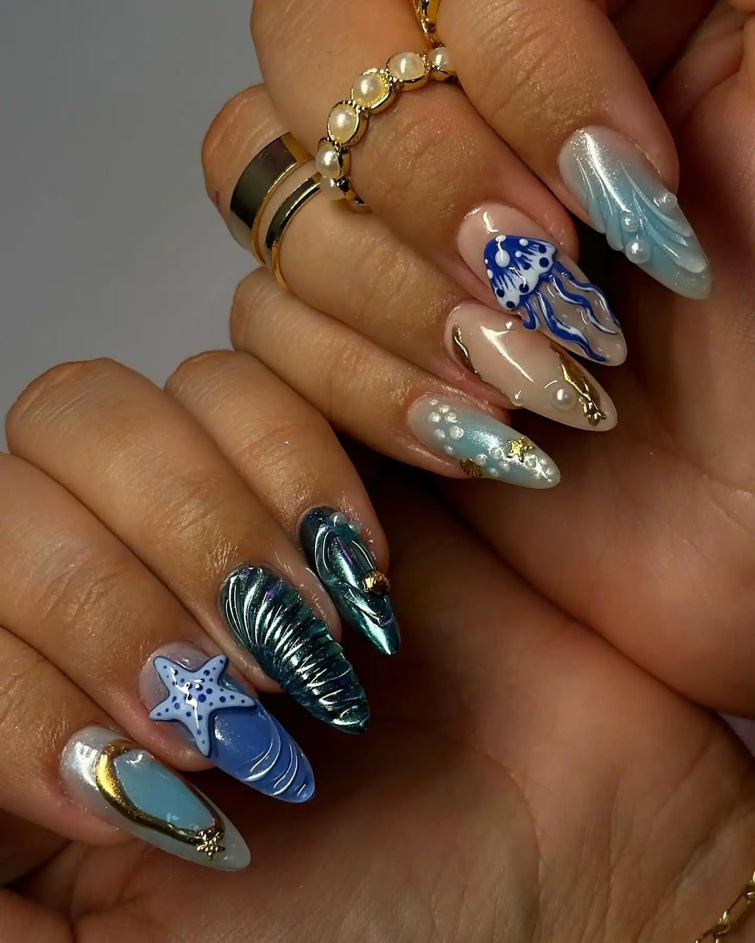 Handmade 3D Ocean Seashell and Starfish Design for Summer Press on Nails E86