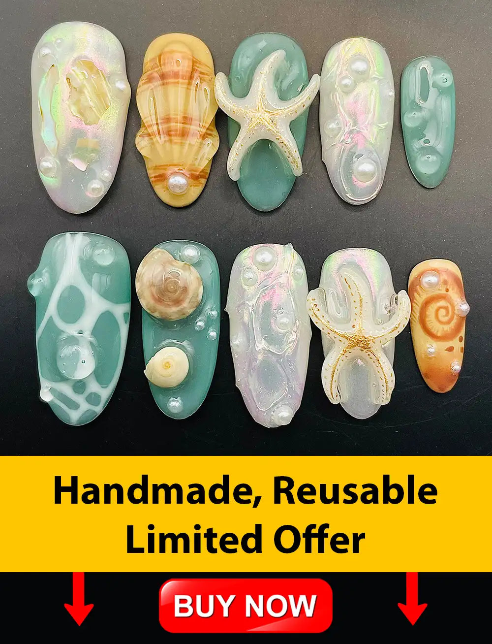 Handmade 3D Ocean Seashells and Starfish Press On Nails - Reusable Fingernails