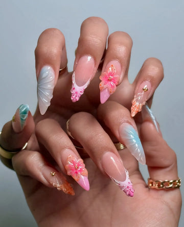 Handmade 3D Pastel Mermaid Shell Tropical Floral Pearl Artistic Press on Nails V28
