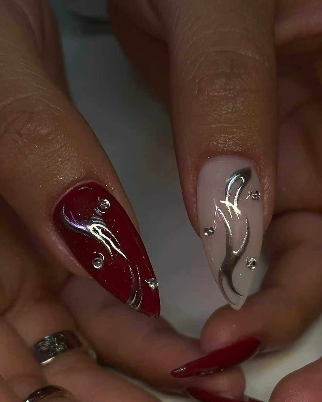 Handmade 3D Pearl Chrome and Red Gothic Heart Press on Nails A24