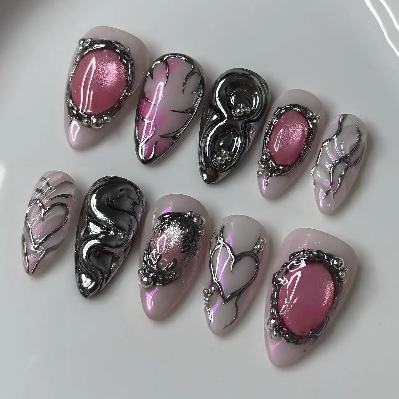 Handmade 3D Pink Black Chrome Abstract Gothic Press on Nails W36