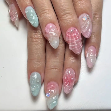Handmade 3D Pink Blue Seashell Water Ocean Pastel Press on Nails E01