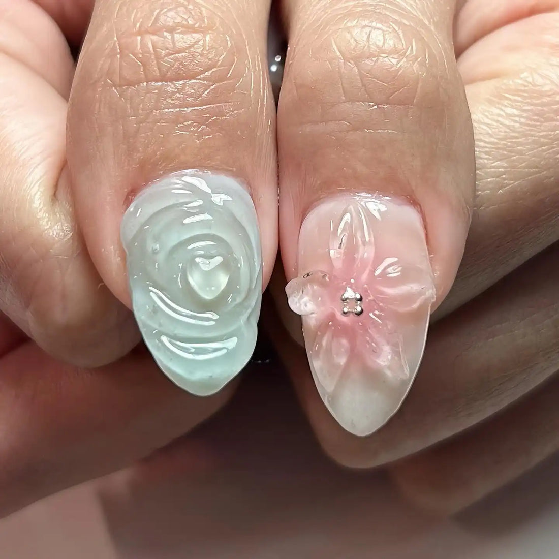 Handmade 3D Pink Blue Seashell Water Ocean Pastel Press on Nails E01
