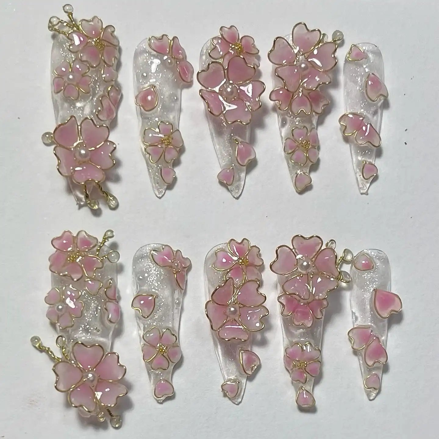 Handmade 3D Pink Cherry Blossom Gold Wire Spring Floral Elegant Press on Nails N21