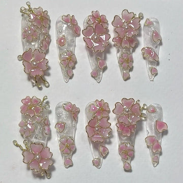 Handmade 3D Pink Cherry Blossom Gold Wire Spring Floral Elegant Press on Nails N21