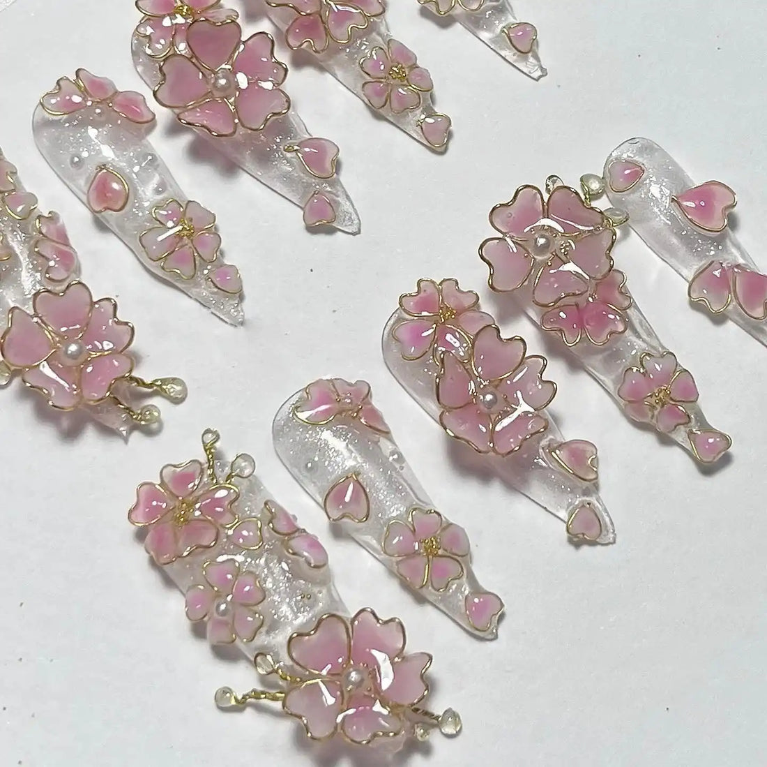 Handmade 3D Pink Cherry Blossom Gold Wire Spring Floral Elegant Press on Nails N21