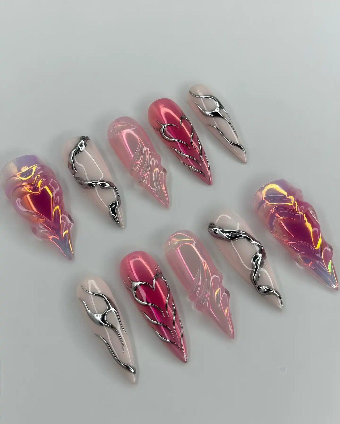 Handmade 3D Pink Chrome Heart Snake Y2K Reusable Press on Nails N12