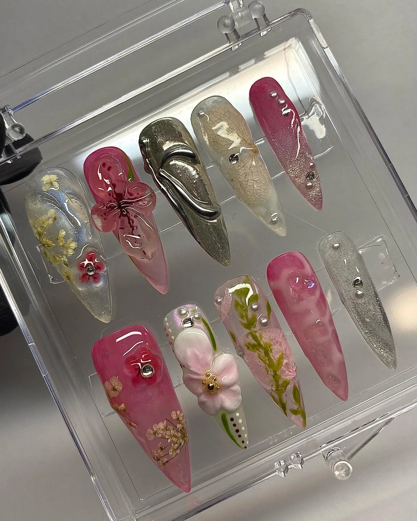 Handmade 3D Pink Clear Flower Silver Chrome Mix & Match Fantasy Press on Nails Q42