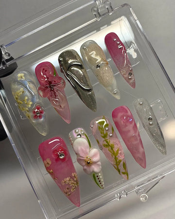 Handmade 3D Pink Clear Flower Silver Chrome Mix & Match Fantasy Press on Nails Q42