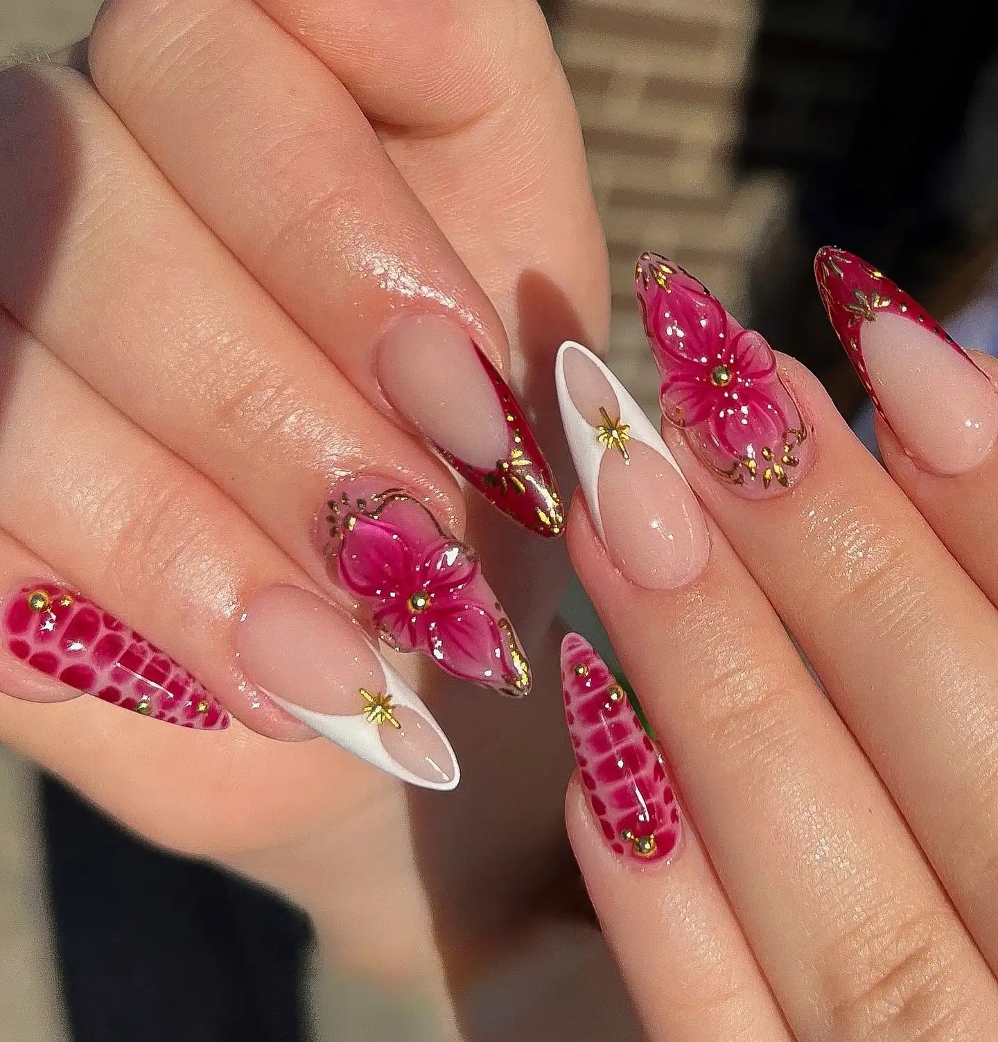 Handmade 3D Pink Floral Crocodile Texture Gold Accent Spring Summer Nails P55