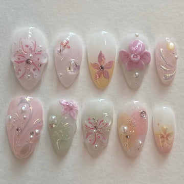 Handmade 3D Pink Floral Pearl Rhinestone Pastel Dreamy Sheer Press on Nails M16