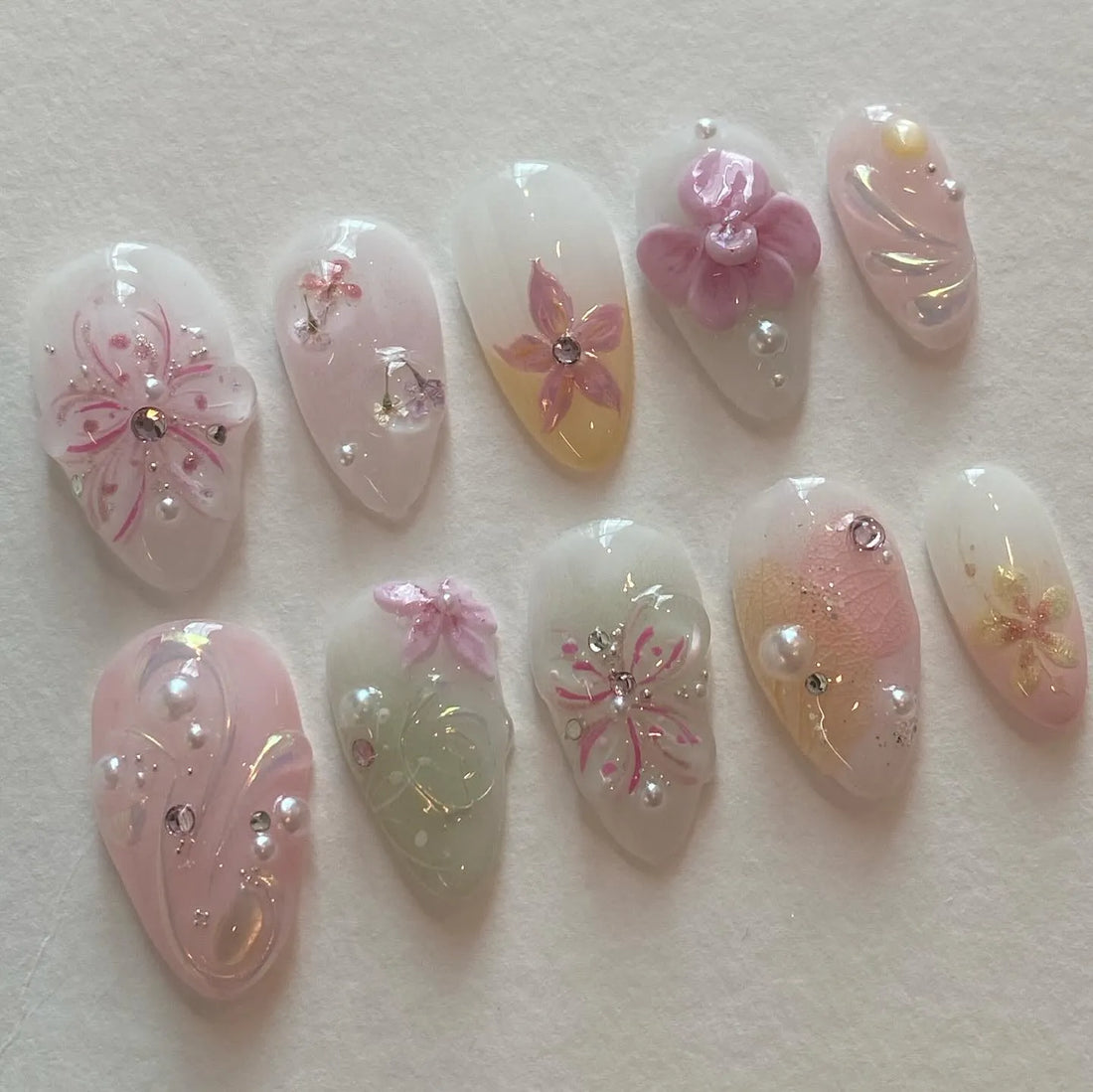 Handmade 3D Pink Floral Pearl Rhinestone Pastel Dreamy Sheer Press on Nails M16