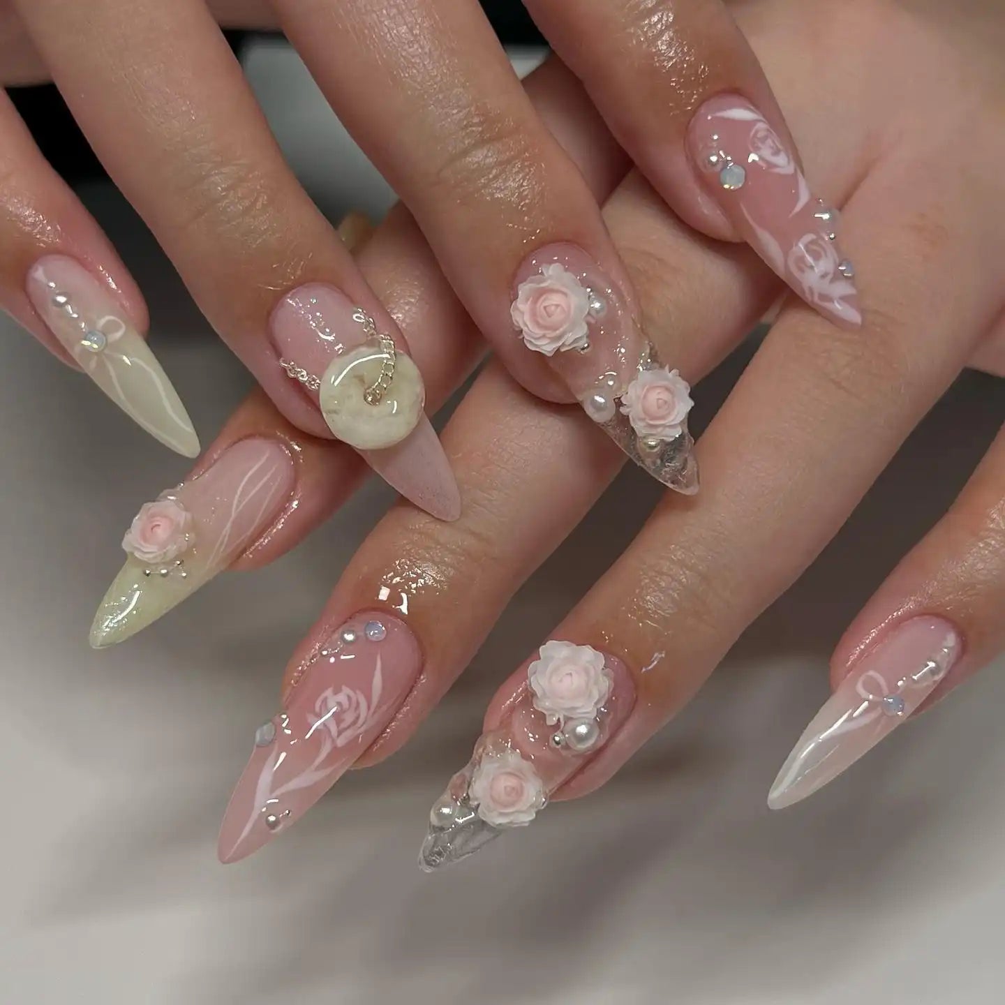 Handmade 3D Pink Rose Beautiful Spring Press on Nails X94