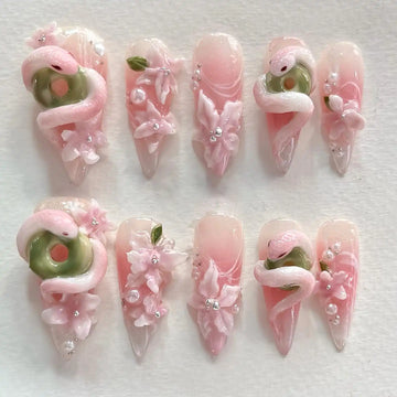 Handmade 3D Pink Serpent Snake Flower Pastel Whimsical Press on Nails H99