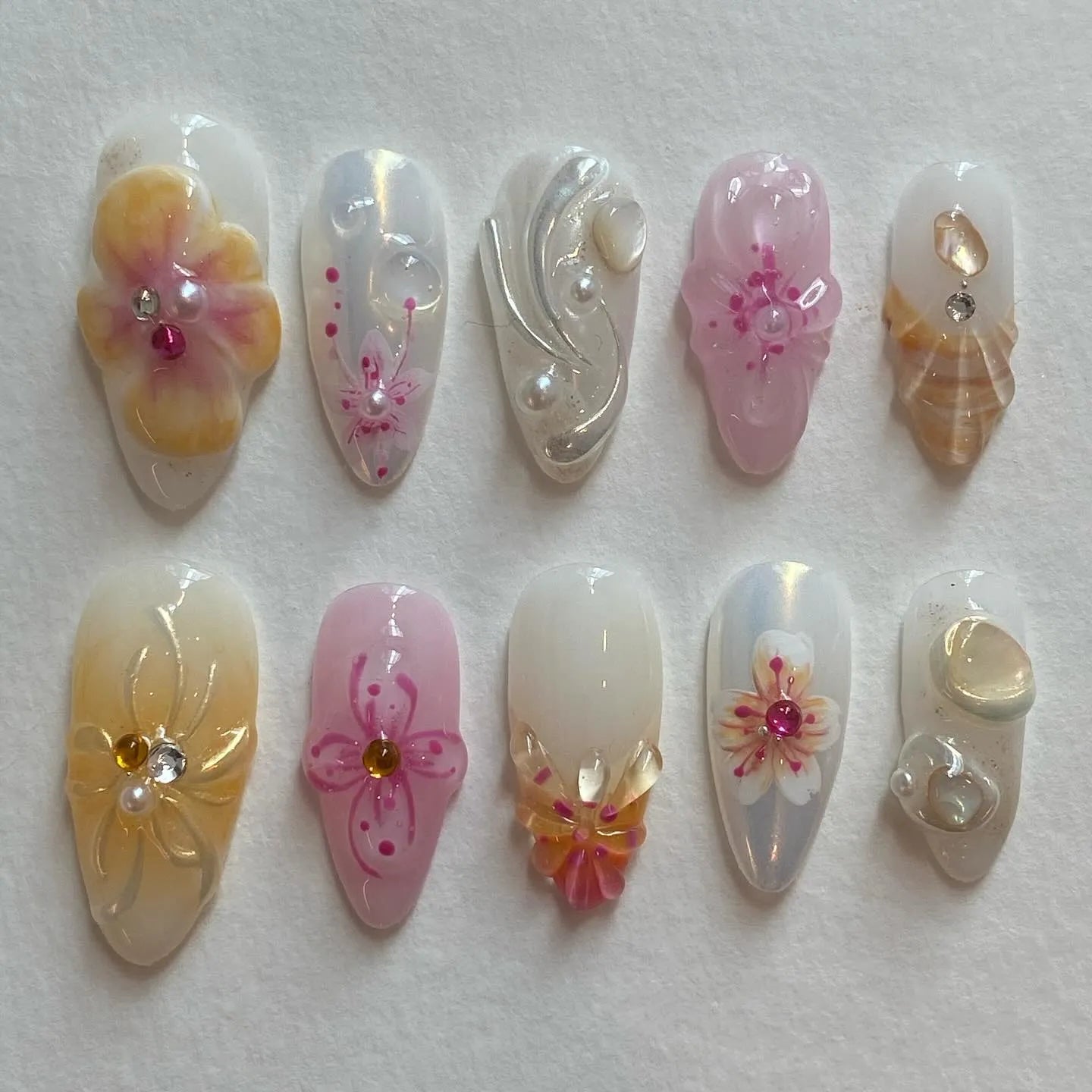 Handmade 3D Pink Yellow Flower Pearl Seashell Spring Press on Nails M09