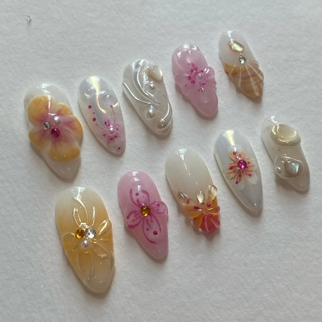 Handmade 3D Pink Yellow Flower Pearl Seashell Spring Press on Nails M09