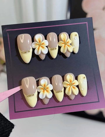 Handmade 3D Plumeria Flower Yellow French Tip Summer Press on Nails Z08