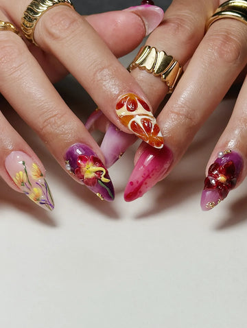 Handmade 3D Purple Floral Art Gold Wave Chrome Pearl Press on Nails U77